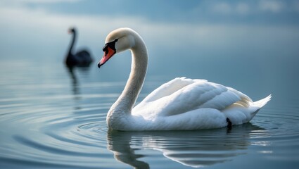 Obraz premium A elegant white swan moves across the glossy water body.