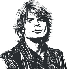 Black and white vector illustration of a young man with stylish hair wearing a leather jacket