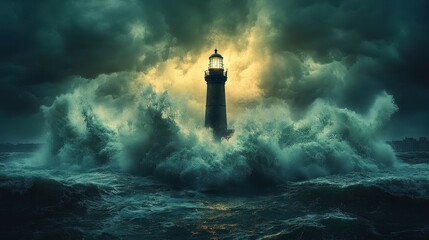 Lighthouse stands against raging waves under a stormy sky, light cutting through the gloom