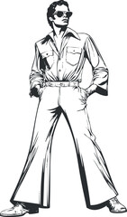 Black and white illustration of a confident man in retro 1970s style clothing with sunglasses and flared pants.