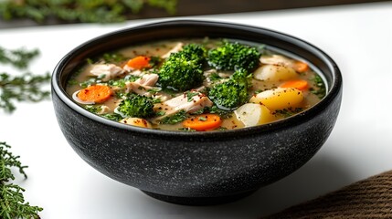 Creamy broccoli and chicken soup in matte black bowl