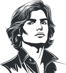 Black and white stylized portrait illustration of a confident young man with medium length hair and a casual collar shirt