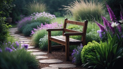 Obraz premium A serene garden setting features a rustic bench, perfect for resting and enjoying the lush surroundings.
