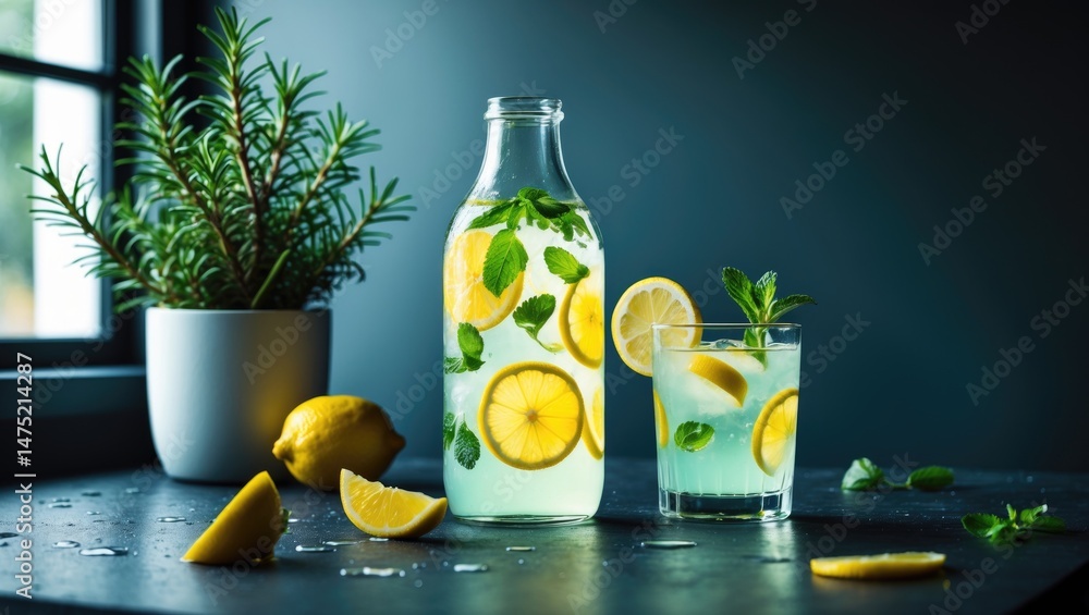 Poster refreshing lemonade served in a bottle and glass on the table