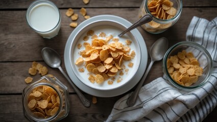 Healthy cornflakes and milk bowl flat lay with designated space for text