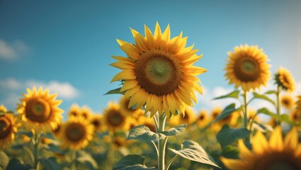Obraz premium A sea of blooming sunflowers with a blue sky overhead