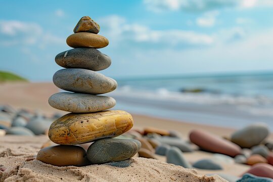 A harmonious stack of smooth stones on a sandy beach, creating a sense of balance and tranquility against the backdrop of gentle ocean waves.