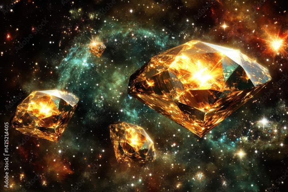 Poster diamonds floating in outer space against starry nebula background abstract concept art