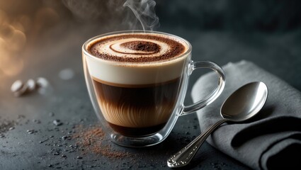 Fototapeta premium Steaming cup of coffee featuring frothy crema and rich aroma