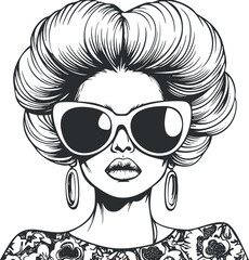 Black and white illustration of a fashionable woman with voluminous hair wearing large sunglasses and earrings