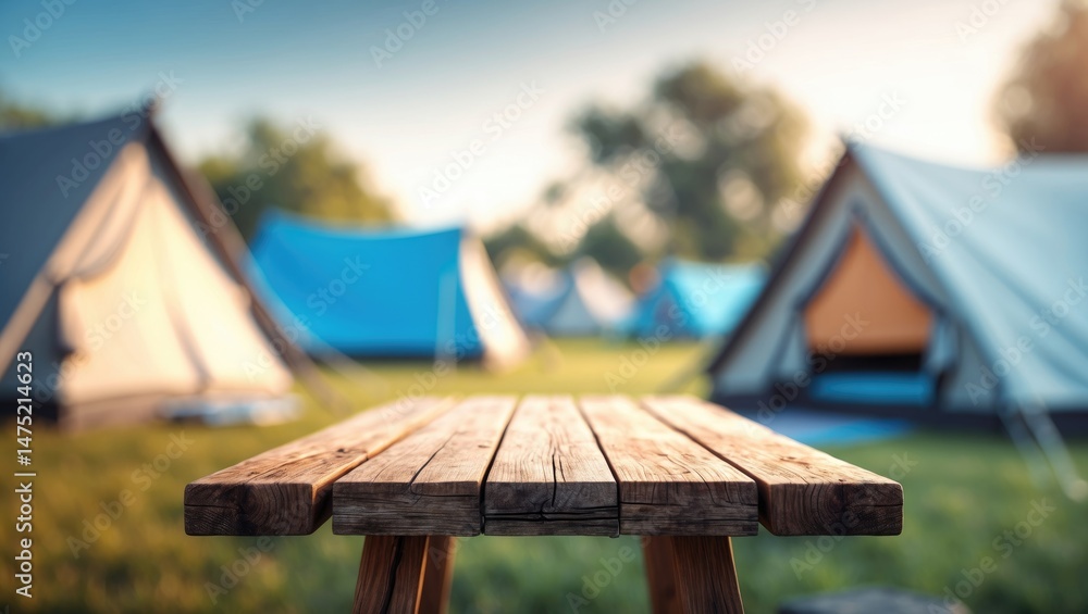 Poster tabletop made of wood on a blurred camping background and grassy landscape. fresh and relax idea for
