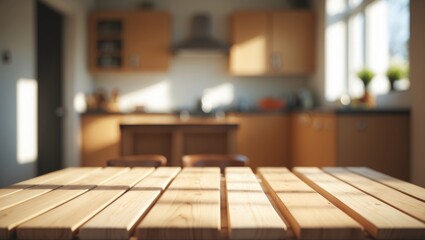 Rustic kitchen setting with white walls, shadows, and morning sunlight for presentation