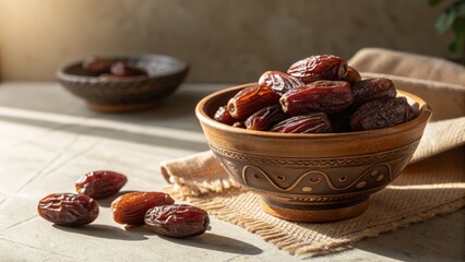 Sunlit Dates in Rustic Bowl Close-up Still Life Photography, Food Photography, Ramadan, Dates, Dried Fruit Ramadan, Food Styling