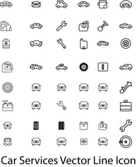 This set of vector line icons depicts various car services, from basic maintenance like changing oil and tires to more complex tasks like battery replacement and engine repair on white background.
