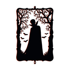 A postcard of a vampire among the trees. Silhouette. Template for laser cutting. Dark academy. Fantastic creatures. Mysticism.