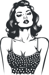 Black and white vintage style illustration of a confident woman in a polka dot dress posing glamorously