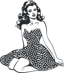 Black and white illustration of a vintage pinup woman wearing a polka dot dress sitting gracefully.