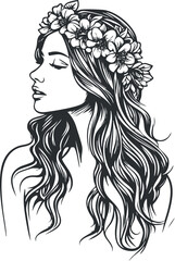Black and white artistic line drawing of a woman in profile wearing a flower crown with long wavy hair