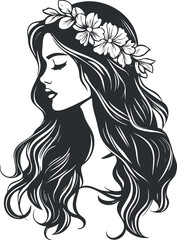 Black and white illustration of a young woman in profile with long wavy hair and a floral crown.