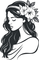 Black and white illustration of a serene young woman with long hair and floral headband in profile