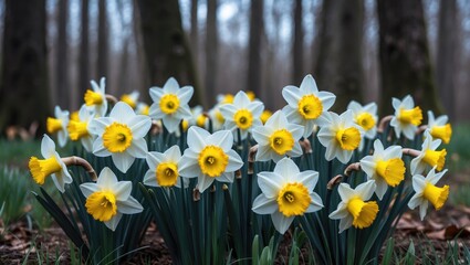 Obraz premium A lush forest setting with a abundant display of daffodils in bloom, capturing the essence of spring's joy and renewal through cheerful yellow clusters.