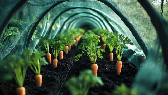 Healthy carrot roots growing under protective wire and netting in allotment