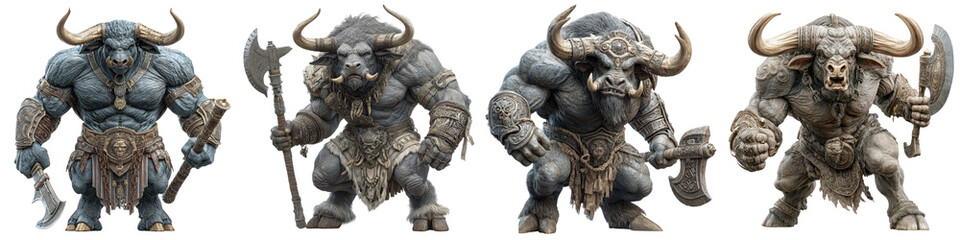 Fototapeta premium Minotaur, Bull-headed humanoid with muscular build and axe, Labyrinth Guardian, isolated on white background or transparent PNG