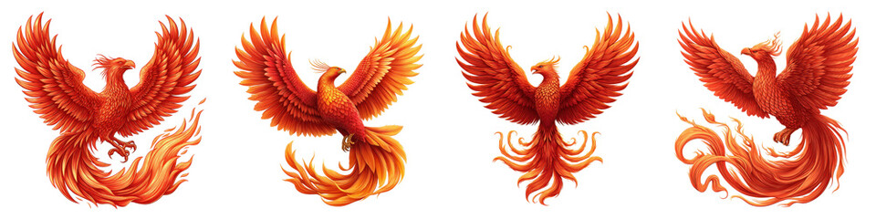 Obraz premium Phoenix, Fiery bird with outstretched wings and flaming tail, Rebirth Symbol, isolated on white background or transparent PNG
