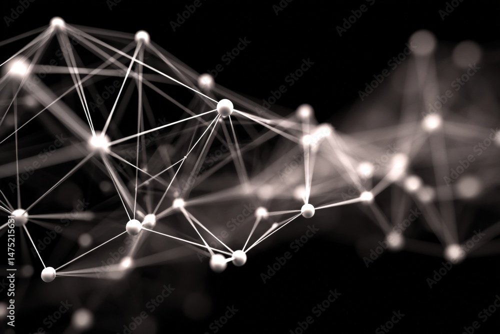 Poster abstract network of connected nodes and lines on a dark background, representing digital connections