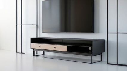 Fototapeta premium Sleek TV console that includes a storage drawer