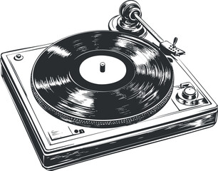 Black and white illustration of a vintage vinyl record player turntable with needle and spinning disc