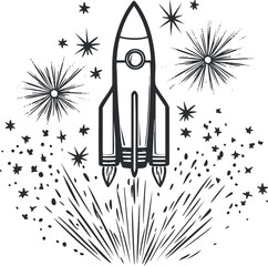 Black and white line art illustration of a rocket launching with stars and explosion effects in space.