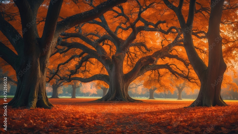 Aufkleber restful fall environment displaying a magnificent oak tree with bright leaves in a park, with gentle