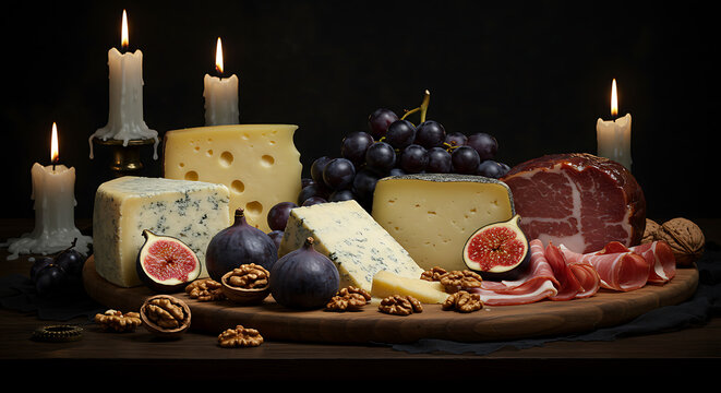 t&aacute;bua de charcutaria em ambiente g&oacute;tico, com queijos envelhecidos, figos escuros, uvas roxas, nozes e presunto curado
