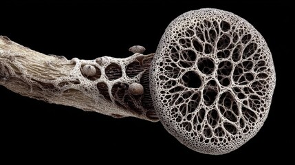 A 4K photo of intricate mycelium network entwining mushroom stem base microscopic nature illustration.