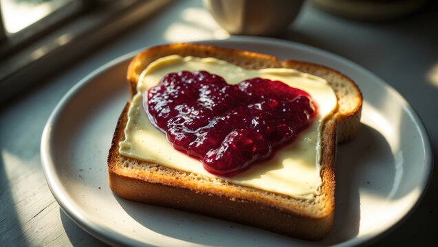 Toast with jam molded into a heart on a breakfast table