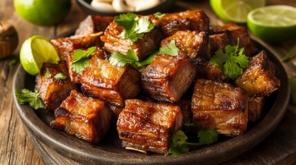 Golden, crispy pork belly pieces fried to perfection, stacked on a traditional Thai plate, with fresh lime, coriander, and garlic as garnish.