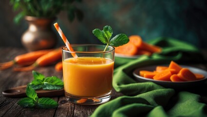 Delicious fresh carrot juice in a glass with vegetables, mint, and straws on a lifestyle-themed table