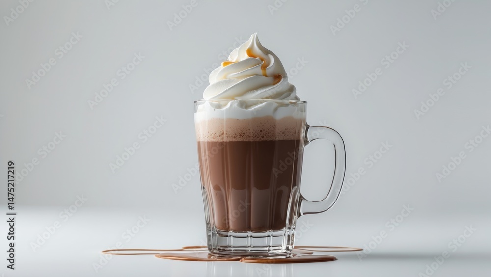 Poster rich dark chocolate concoction or cocoa with whipped cream on an unadorned white background.