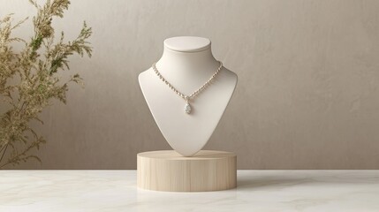 Bust showcase jewelry display for necklace pendant in white and cream background. Wooden, stone stand holder. Beige color mannequin jewelry stand. Trendy 3d render for social media banners, promotion