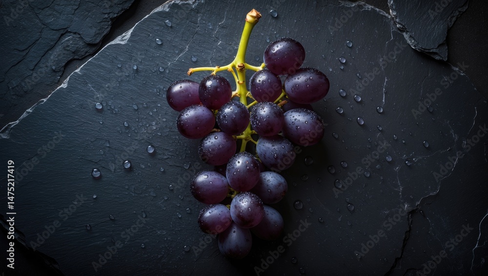 Poster vertical close-up of a single grapevine with ripe grapes on a black slate background and blank area 