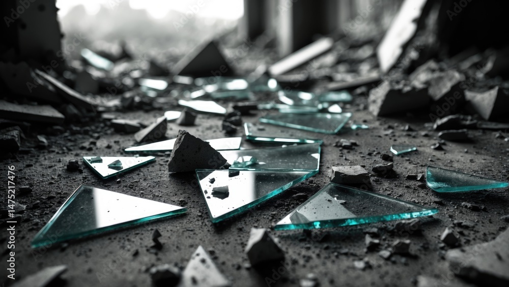 Poster dark abstract image of shattered glass shards on rough surface with graffiti elements