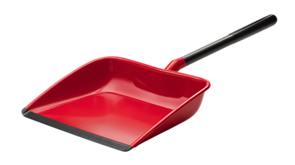 A close up view of a red plastic dustpan with a black handle on a black background studio shot