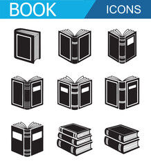 Set of black book icons in various open positions, representing reading, education, and knowledge in a minimalist black and white design.