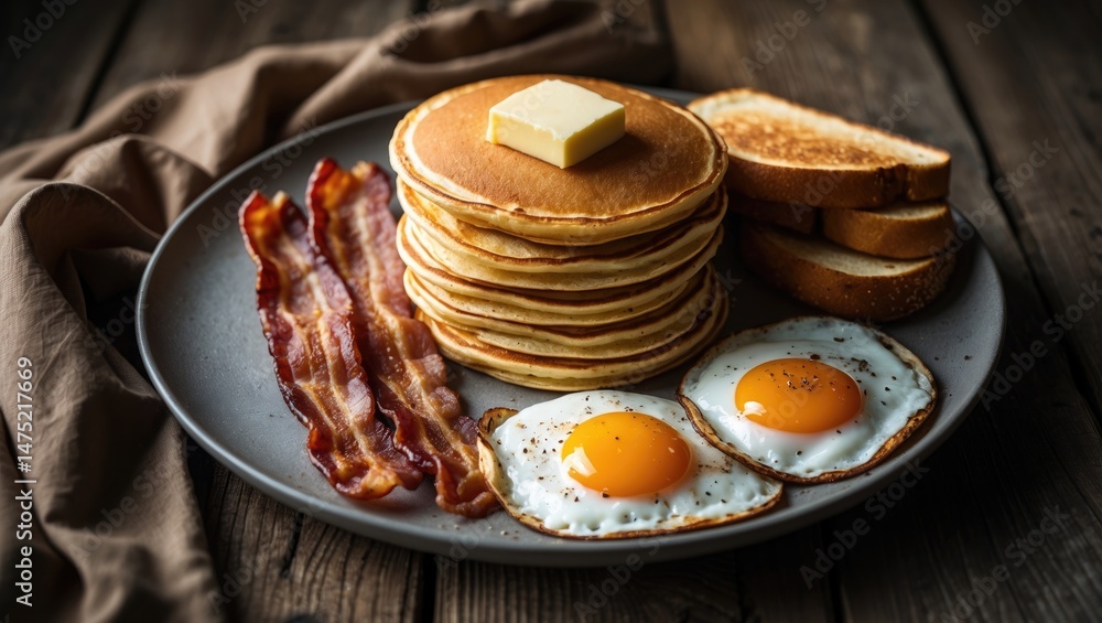 Poster appetizing pancakes with fried eggs and bacon presented on a wooden table, close-up image