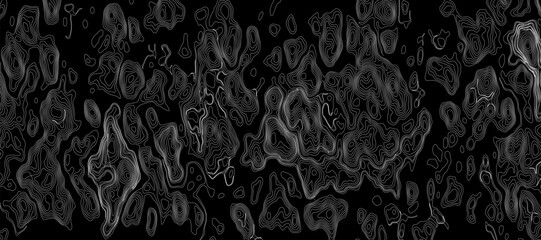 Minimalist topographic map design featuring black contour lines on a matte black background, subtle lighting and shadow effects to highlight elevation changes, abstract and modern aesthetic.