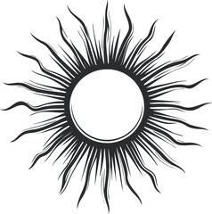 Black and white abstract sun illustration with radiant, wavy rays representing light and energy