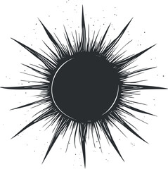 Black and white illustration of a sun with radiating spikes and rays representing solar energy