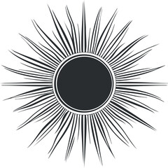 Black and white stylized sunburst design with radiating pointed rays and circular center