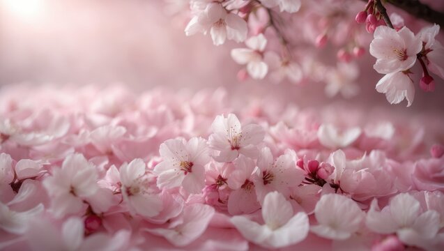 Background featuring a lush carpet of cherry blossom petals